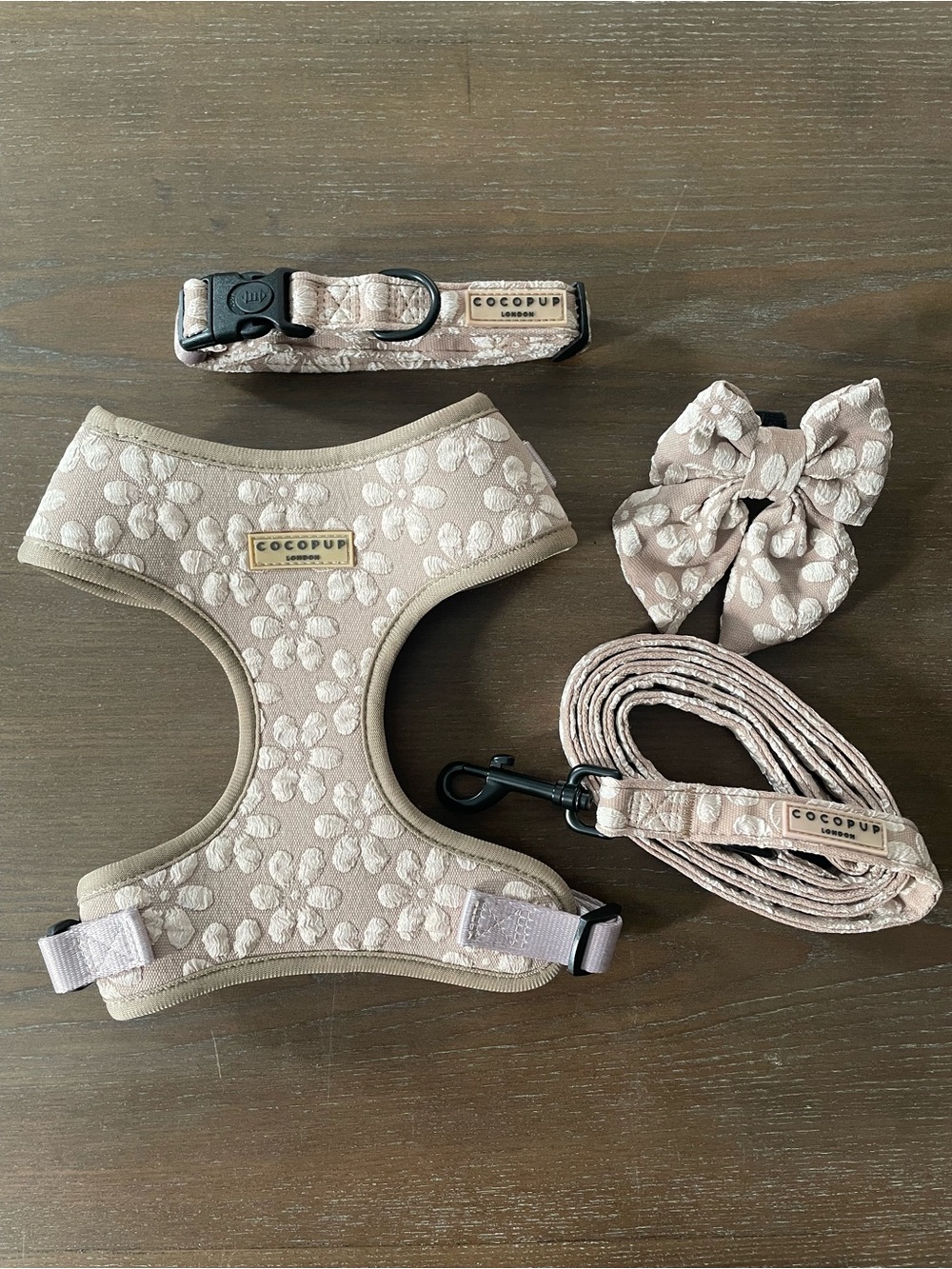 Cocopup London Floral Embossed Mocha Dog Harness, Collar, Leash & Bow